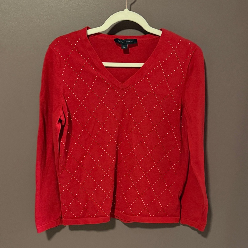 Red V-Neck Sweater with Studded Design